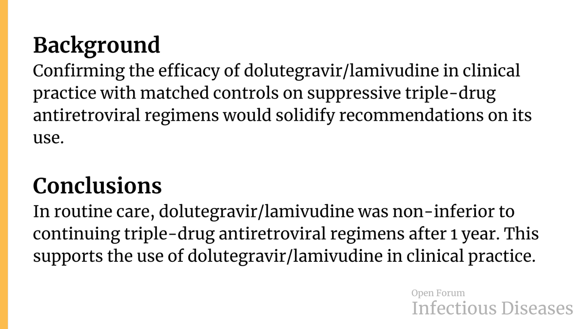 Open Forum Infectious Diseases (@ofidjournal) on Twitter photo Dolutegravir/lamivudine is non-inferior to continuing dolutegravir and non-dolutegravir based triple drug antiretroviral therapy in virologically suppressed people with HIV: DUALING prospective nationwide matched cohort study
✍️ <a href="/Rokx1/">Casper Rokx</a> et al.
🔗 bit.ly/4cmJQtY Dolutegravir/lamivudine is non-inferior to continuing dolutegravir and non-dolutegravir based triple drug antiretroviral therapy in virologically suppressed people with HIV: DUALING prospective nationwide matched cohort study
✍️ <a href="/Rokx1/">Casper Rokx</a> et al.
🔗 bit.ly/4cmJQtY