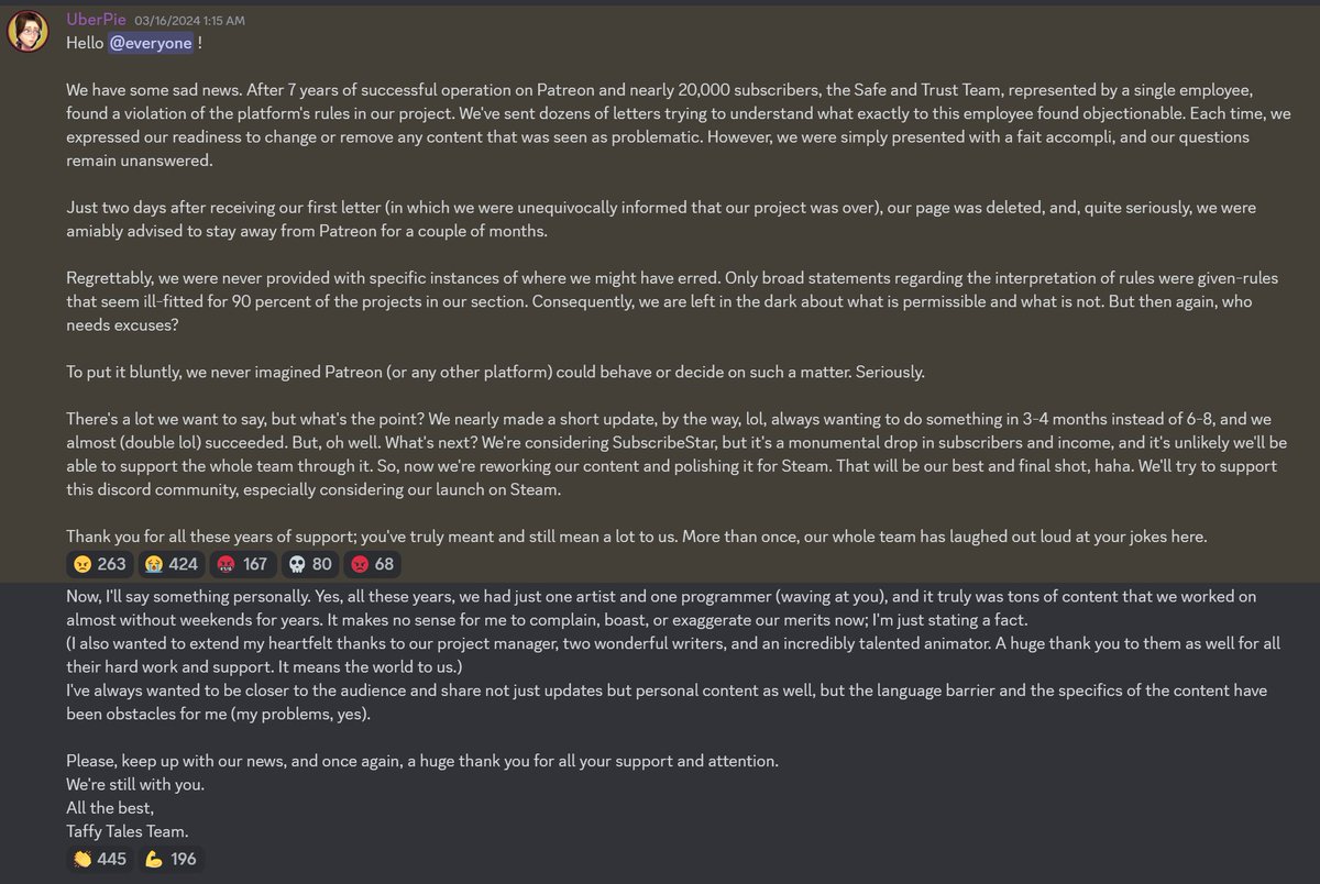 pie_uber's tweet photo. Hello, guys! Our latest news is that our Patreon page is no longer available (details below). Thank you for your support for all these years. Our new official page - https://t.co/Rm5eL2JaVH https://t.co/cFaKOCzTAn