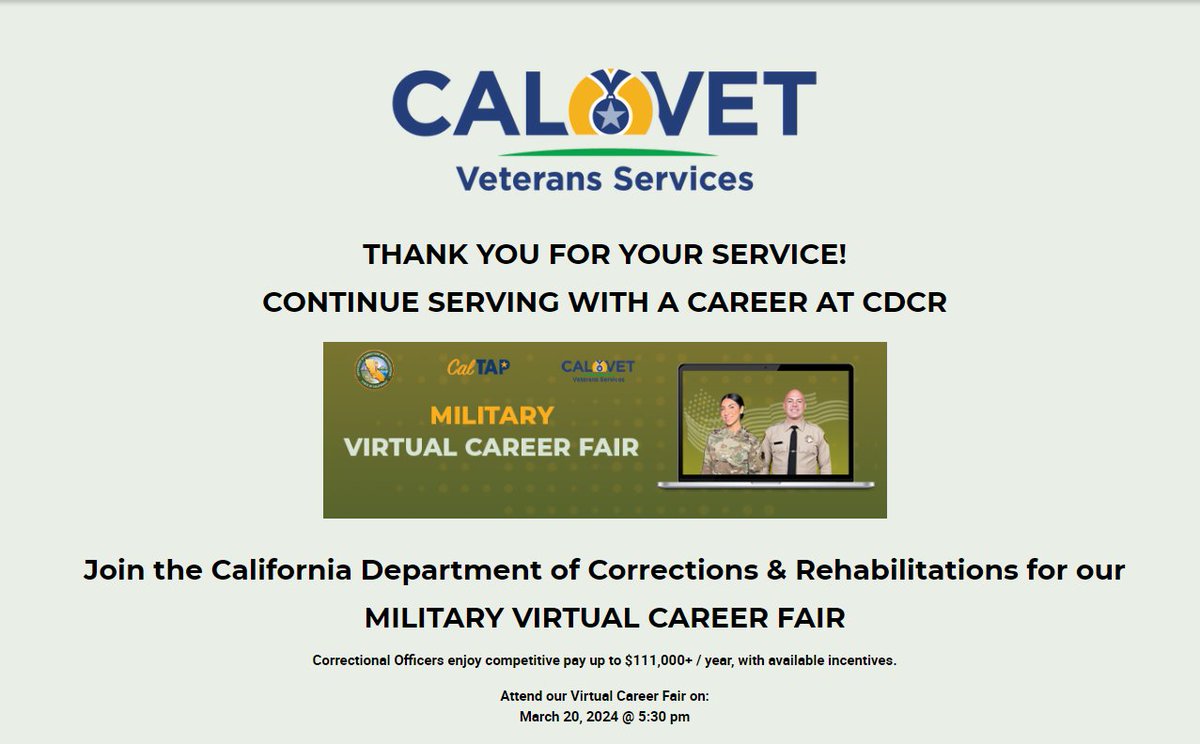 sbcajcc's tweet image. 🚀 Reminder!
 In just a couple of hours, starts 🎖️ MILITARY VIRTUAL CAREER FAIR 🎖️ with the California Department of Corrections &amp;amp; Rehabilitations! 
🔗 Register now if you haven&apos;t yet, to snag the full agenda and login details.
cdcr.ca.gov/por/california…