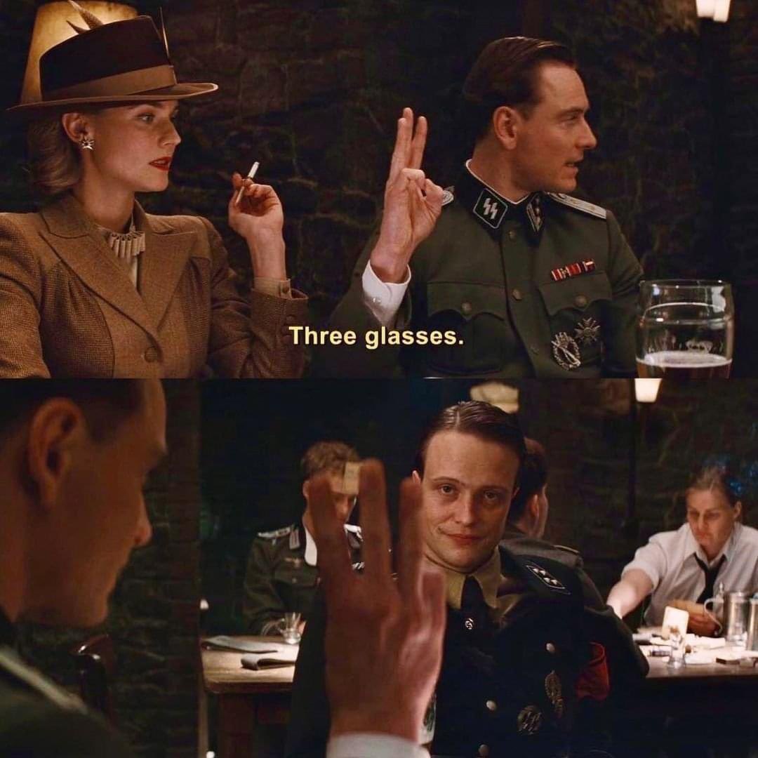 In the bar scene of Inglorious Basterds, Bridget von Hammersmark's eyes widen the very moment Lieutenant Archie Hicox puts up 3 fingers, realizing he had made a fatal error.