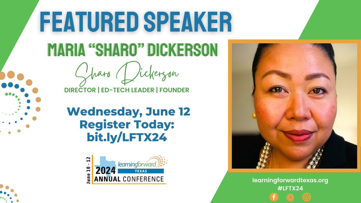 We are thrilled to welcome Maria 'Sharo' Dickerson as a Featured Speaker at the Learning Forward Texas Conference! You don't want to miss the opportunity to learn from Sharo!  #LFTX #LFTXLearns #LFTX24 #LFTX2024Register today: bit.ly/LFTX24