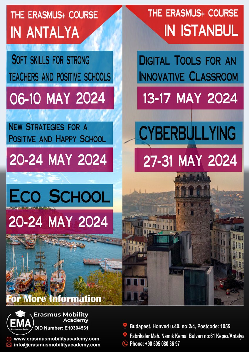 📷 Erasmus Plus Adult Education Opportunities! 📷 
ANTALYA:
- Posıtıve Schools 06-10 May 2024
- Eco School  20-24 May 2024
- Positive and Happy School  20-24 May 2024
ISTANBUL:
- Digital Tools 13-17 May 2024
- CYBERBULLYING  27-31 May 2024
erasmusmobilityacademy.com/registration-f…
