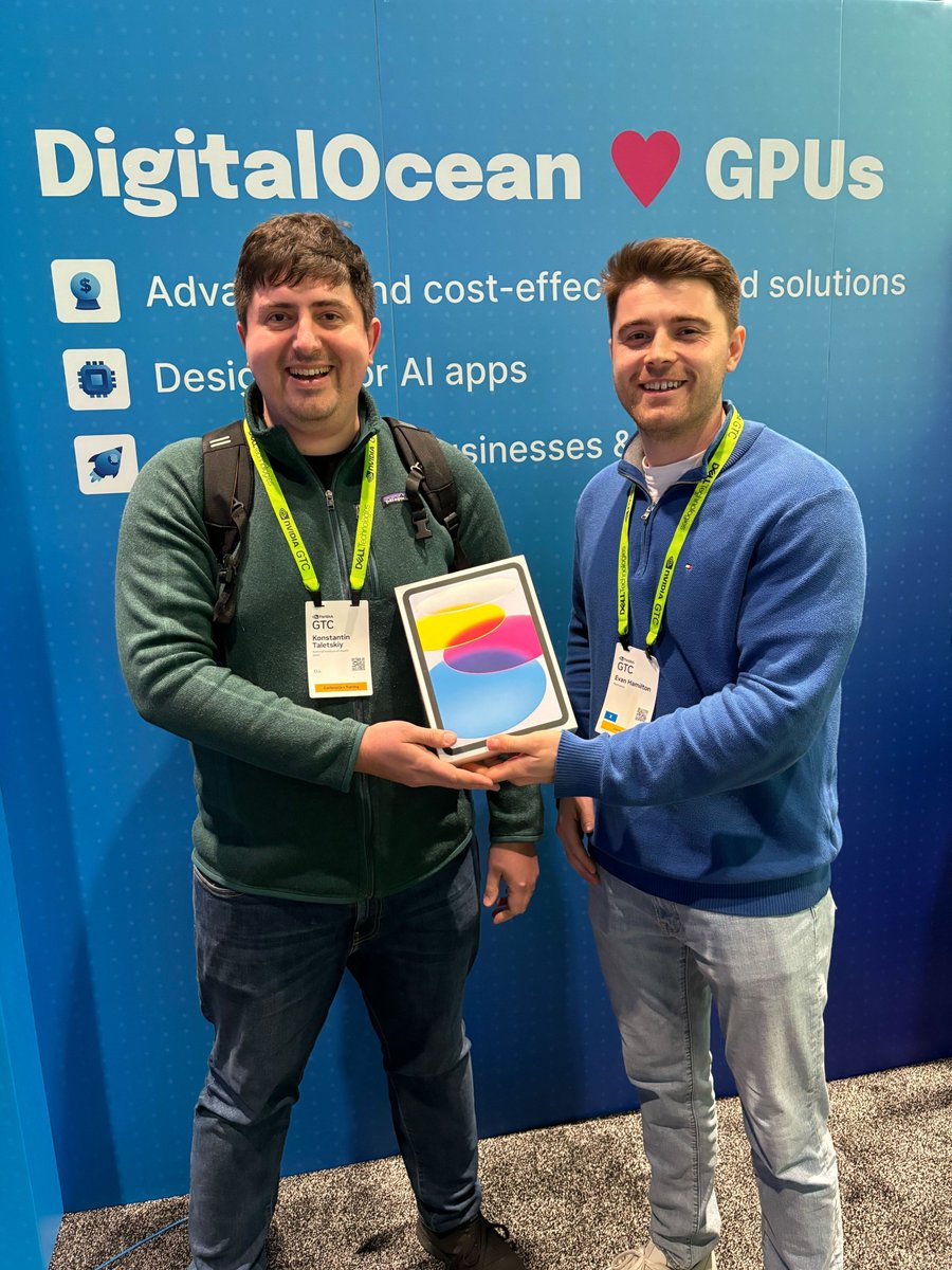 We have our first winner! Congratulations to Konstantin Taletskiy, PhD of Axle Informatics for winning his new iPad! Stop by the @DigitalOcean booth (#1329) for more chances to win! #NVIDIAGTC24