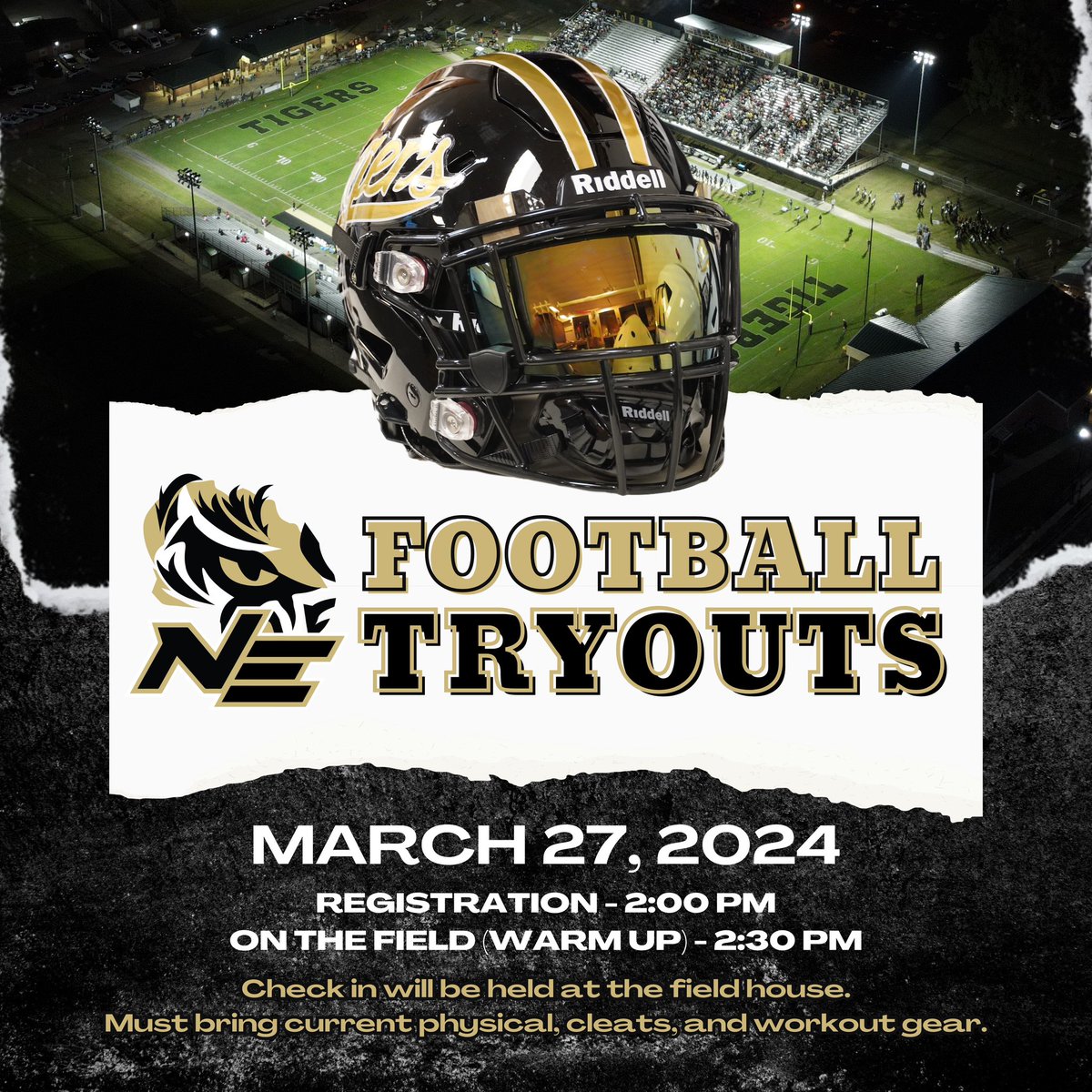 FB | #NEMCC’s annual 🏈 tryouts will take place next Wednesday (March 27). Registration begins at 2 pm with the tryout starting at 2:30 pm at Tiger Stadium. Prospective athletes must bring the following: ✅ Updated physical ✅ Workout clothes including cleats 🐯 #TigerTown