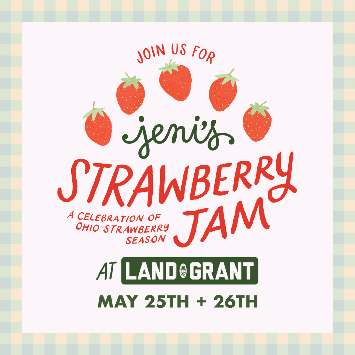 SAVE THE DATE 🍓 MAY 25 - MAY 26

Hey Columbus! Strawberry Jam, our annual celebration of the Ohio strawberry season, returns to Land-Grant with <a href="/jenisicecreams/">Jeni's Splendid Ice Creams</a> this Memorial Day Weekend—this year with more strawberry eats than ever before!