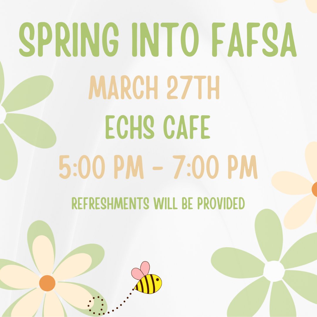 ECISDtweets's tweet photo. ๐ Attention all seniors! There's a FAFSA Night next Wednesday, March 27, from 5-7 p.m. in East Central High School's cafeteria! ๐ซโจ This event is open to ALL seniors at ECHS & CAST Lead. Refreshments will be provided. See you there, future graduates! #FAFSANight #ECProud! https://t.co/KHUmbBAMVt