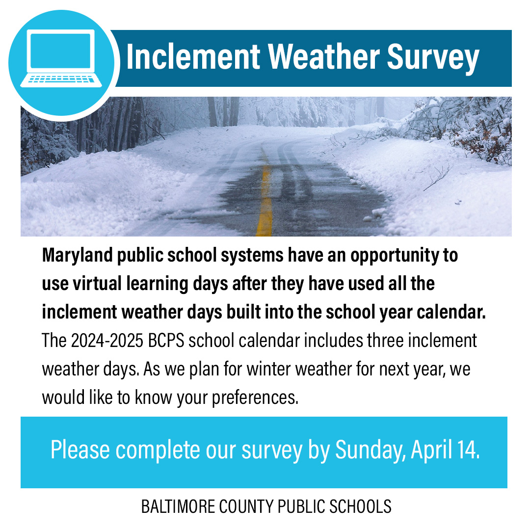 ❄️ Please complete our Inclement Weather Survey by Sunday, April 14. Input gathered will be used to inform our virtual instruction day plan. ➡️ ow.ly/ZgYt50QXYO0