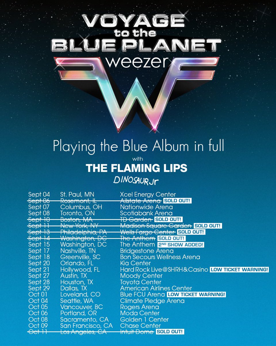 Boston and Philly join the sold out club alongside NYC, LA, DC night one & Chicago! Loveland and Hollywood - those tickets are getting low, so wouldn't wait much longer to get yours weezer.com/tour