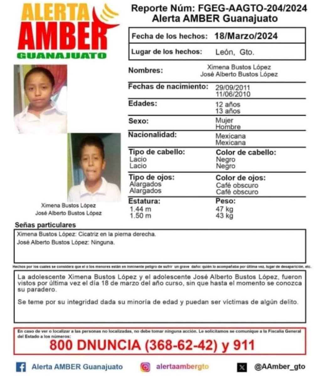#TeBuscamos Ximena Bustos López y José Alberto Bustos López desaparecidos en #Leongto el 18/03/2024 @Busqueda_MX @GtoProyecto @FGEGUANAJUATO @plataformagto