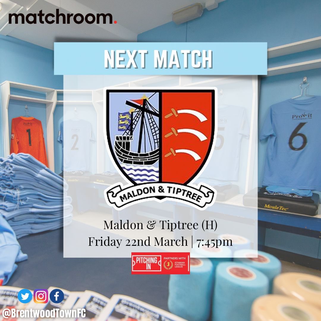 BrentwoodTownFC's tweet image. 𝑁𝑒𝑥𝑡 𝑈𝑝!

⚽️ The Blues host Maldon &amp;amp; Tiptree this Friday evening, kicking off Non-League Weekend! 

🍻Don’t forget, your first drink is on us if you are in the ground before 7:15PM!

🐣🐇 We’re also continuing to accept donations of Easter Eggs for local charities…