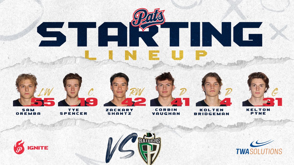 WHLPats's tweet photo. 🌟 Presenting tonight's starting lineup! 🏒🤝Brought to you by TWA Solutions

TUNE IN NOW:
📻 @620ckrm
💻 https://t.co/Ysr808L9o7

#reginapatshockey #ignitetonight #REGvsPA #WHL https://t.co/zTOx4L49eJ