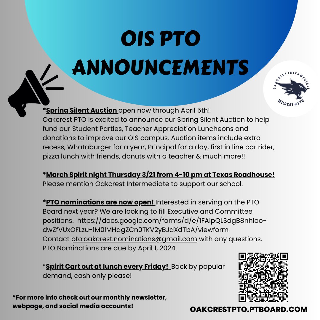 📣📣📣📣 📣📣📣📣📣 *Texas Roadhouse Spirit night is tomorrow night 3/21. *PTO nominations for the 24-25 school year are now open. Silent Auction going on NOW! So many awesome prizes and experiences for you to bid on! *please visit OAKCRESTPTO.PTBOARD.COM #oispto