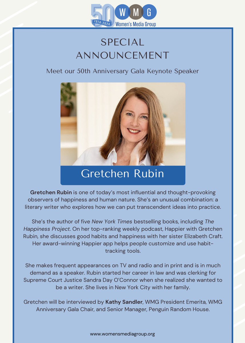 We’re happy to announce @gretchenrubin as the keynote speaker for WMG’s 50th Anniversary Gala! Renowned for her insights on happiness, we are ecstatic to have her! Don't miss this special event! Register Below! womensmediagroup.org/Gala-Tickets