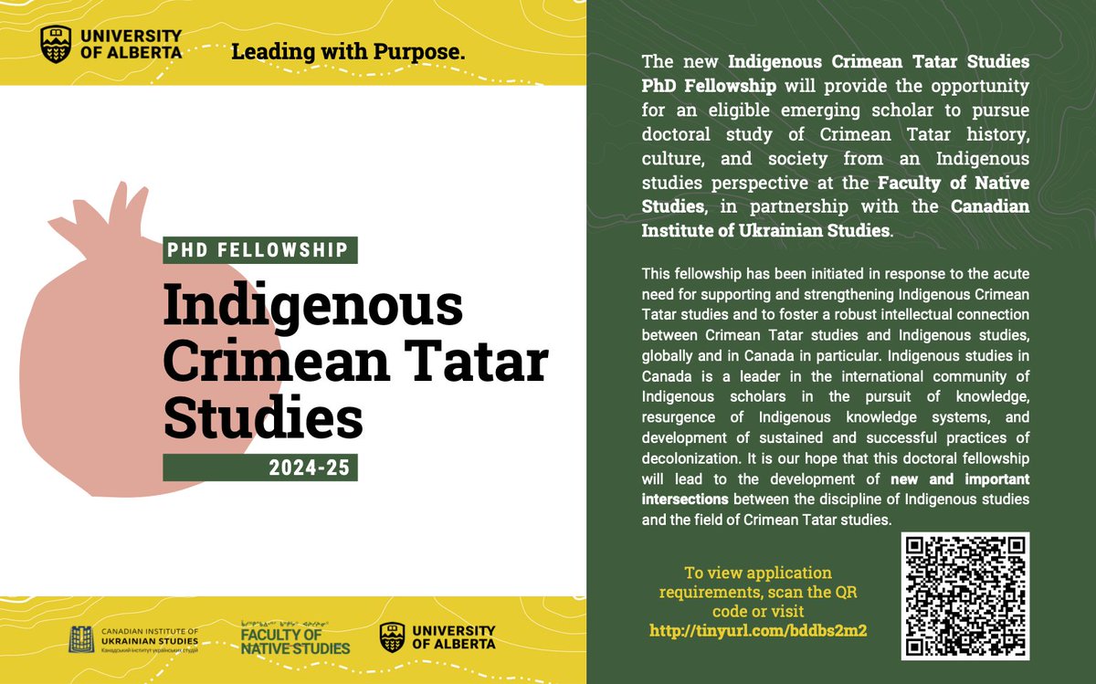 PhD Fellowship in Indigenous Crimean Tatar Studies, a partnership between the Faculty of Native Studies & the Canadian Institute of Ukrainian Studies. Applications close March 25, 2024. To learn more visit: ualberta.ca/canadian-insti…