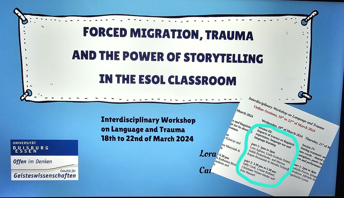 Delighted to be back at the Language and Trauma workshop again to speak about #trauma and #LanguageLearning, and connect with colleagues from around the world. Big thanks to @jupurkarthofer and Brigitta Busch for making this happen. #ESOL #storytelling #Refugees