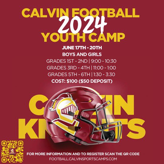 Summer is right around the corner! Don't miss the chance to be part of the first ever Calvin Football Youth Camp! #GoKnights #FutureKnights 🏈