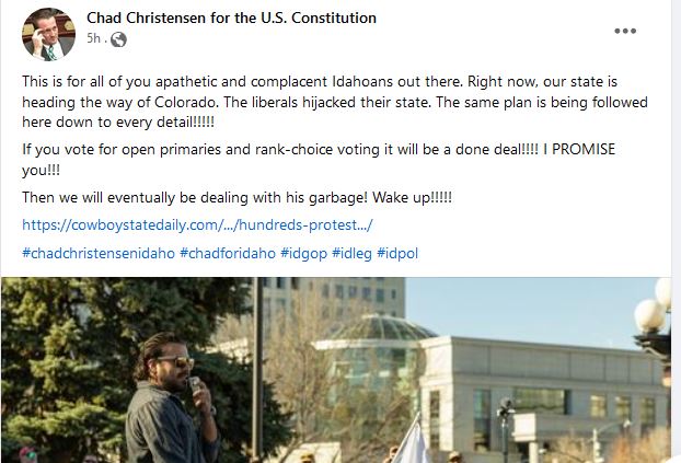 whitesheepranch's tweet image. If crazy #MadChad is ranting against open primaries, you can be pretty sure it would be a good thing for Idaho. But not so good for extremists like him.   

#openprimaries will help to elect legislators with broad support, not extremists with a small following.

#idleg #idpol