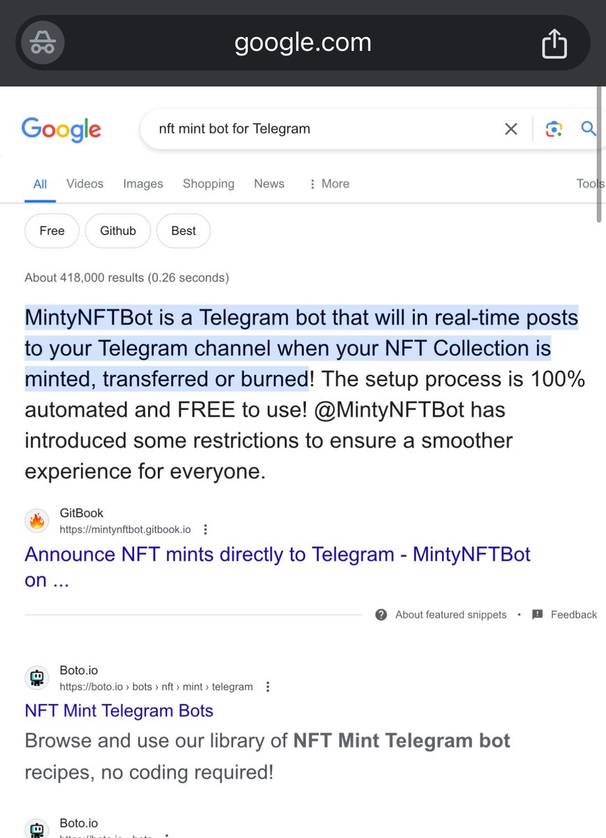 DevWatlar's tweet image. Woo hoo! 🎉 #MintyNFTBot is now top in #Google’s #FeaturedSnippets section when searching for a #NFT mint bot for #Telegram 🔥🔥🔥
100% FREE to use and super simple to set up in minutes! Works on #ETH, #BSC, #Polygon and #ARB
📖mintynftbot.gitbook.io