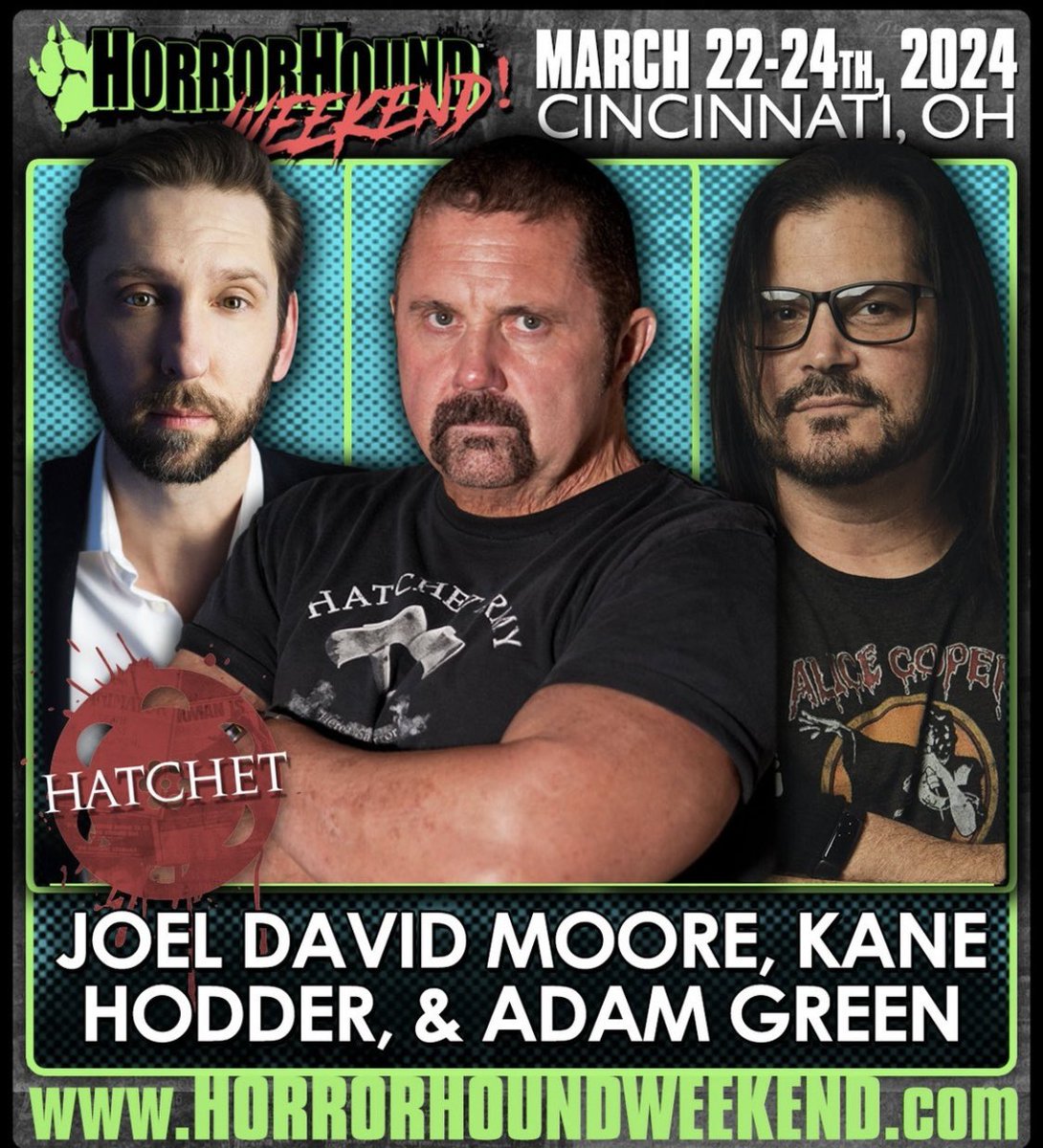 Wicked excited to return to Cincinnati for @horrorhound this weekend! Lots of #HATCHET series alumni will be there including @kanehodder1 @joeldavidmoore @zwgman Joshua Leonard and so many more friends and fiends! See you soon! (And see you next month Michigan and New Jersey!)