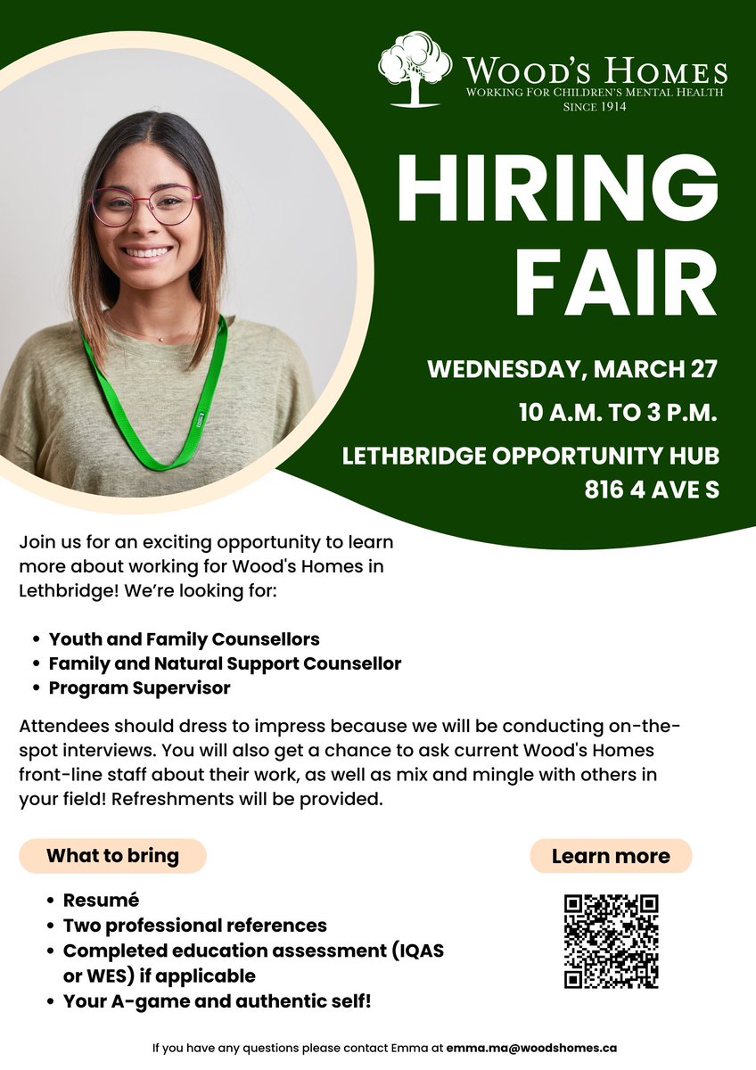 Interested in joining Wood's Homes Lethbridge as a Youth and Family Counsellor, Family and Natural Support Counsellor, or Program Supervisor? Come down to our Lethbridge Opportunity Hub on March 27 for an on-the-spot interview! 💼 Learn more about these positions here:
