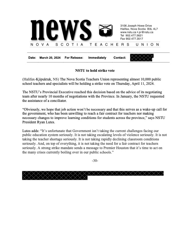 The Nova Scotia Teachers Union representing almost 10,000 public school teachers and specialists will be holding a strike vote on Thursday, April 11, 2024.

#nspoli #OurKidsCantWait