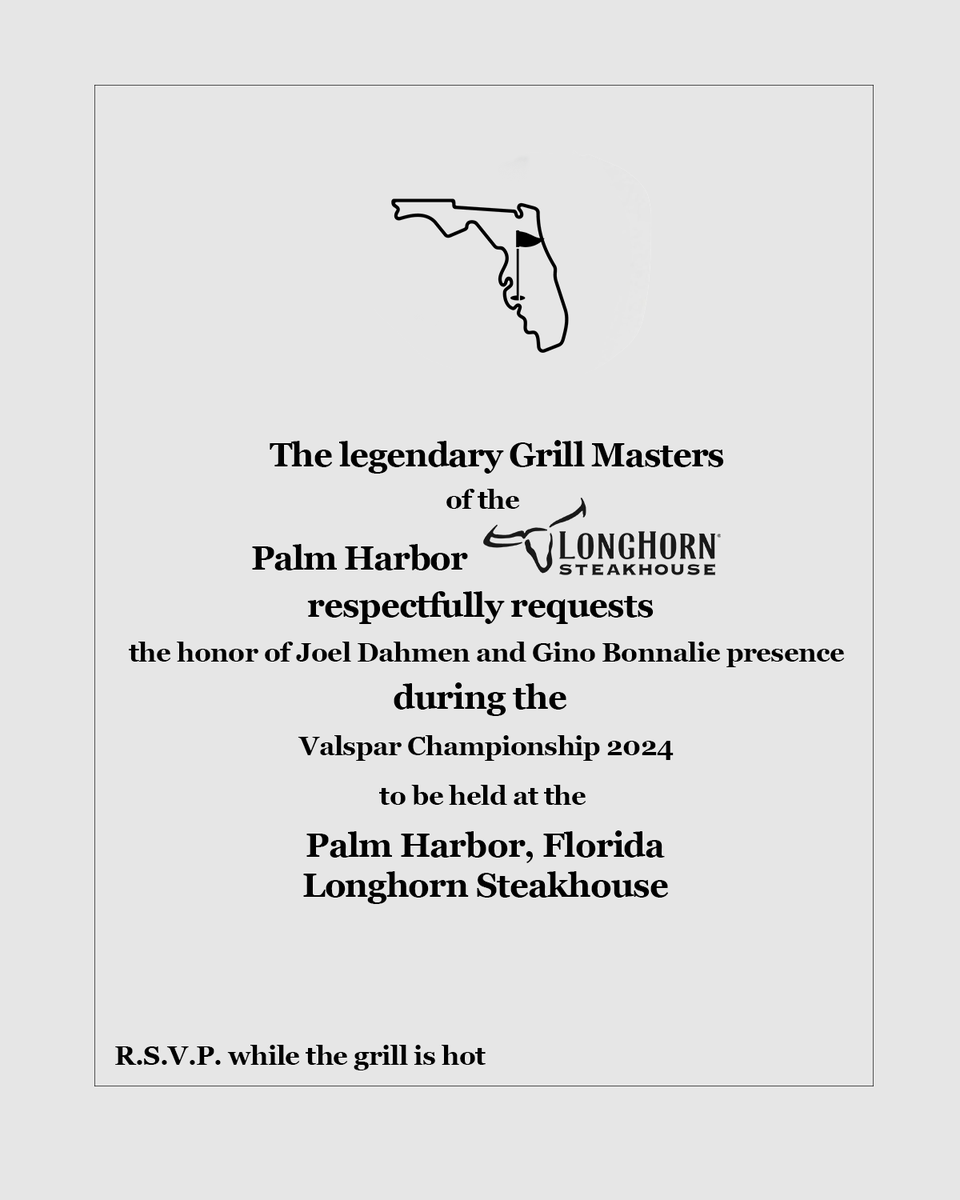 . <a href="/Joel_Dahmen/">Joel Dahmen</a> <a href="/GenoBonnalie/">Geno Bonnalie</a> Let’s celebrate your <a href="/TPCSawgrass/">TPC Sawgrass</a> finish last weekend like the good ole' days. DM us so we can fire up a legendary meal at our Palm Harbor location this week while you’re in town for the <a href="/ValsparChamp/">Valspar Championship</a>