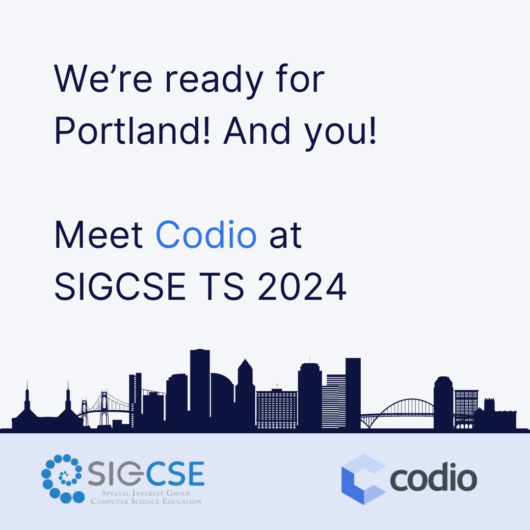 CodioHQ's tweet image. Team Codio is officially in Portland! 📍✈️ We can’t wait to start connecting with fellow educators and innovators in computer science here at #SIGCSE2024! 🤝 😎@SIGCSE_TS @theofficialACM #codio