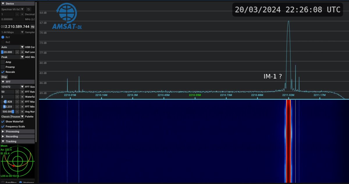amsatdl's tweet photo. Unfortunately the signal we thought it could be #IM1 @Int_Machines is in fact from COSMOS 2518. Too proof it, we moved our 20m antenna to COSMOS 2518 and found it to be very strong.. thus, we were receiving it through a side lobe. 😵💫