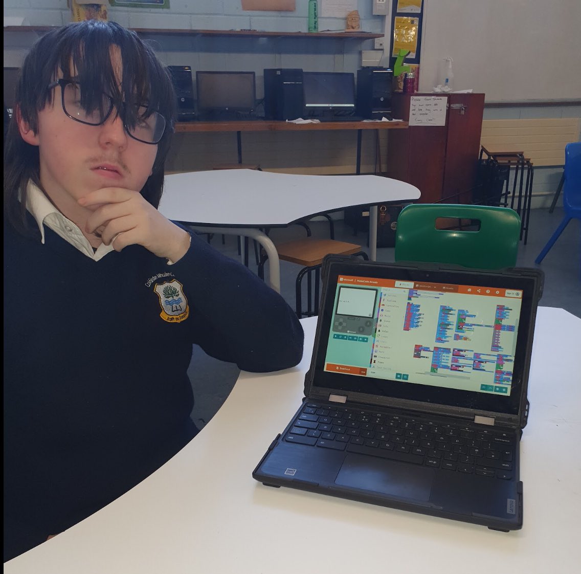 Well done to @colmhuirecoed Charlie Hogan (1st Year) who programmed a retro arcade game using  @MSMakeCode Arcade. Charlie used blocks & JavaScript to build his program 👏🏻👏🏻 In CMCO, Digital Media Literacy & Coding are short courses offered at Junior Cycle #etbethos @TipperaryETB