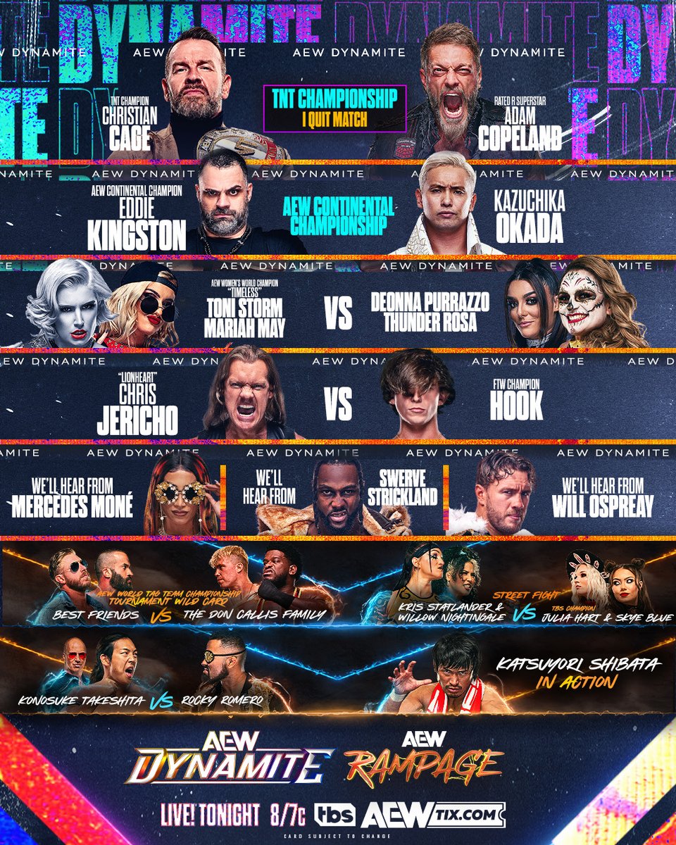 IN ONE HOUR! #AEWDynamite and #AEWRampage are back to back with TWO huge championship matches from the @cocacola_coliseum in Toronto, ON with an EXPLOSIVE night of action starting at 8pm ET/7pm CT on @TBSNetwork!