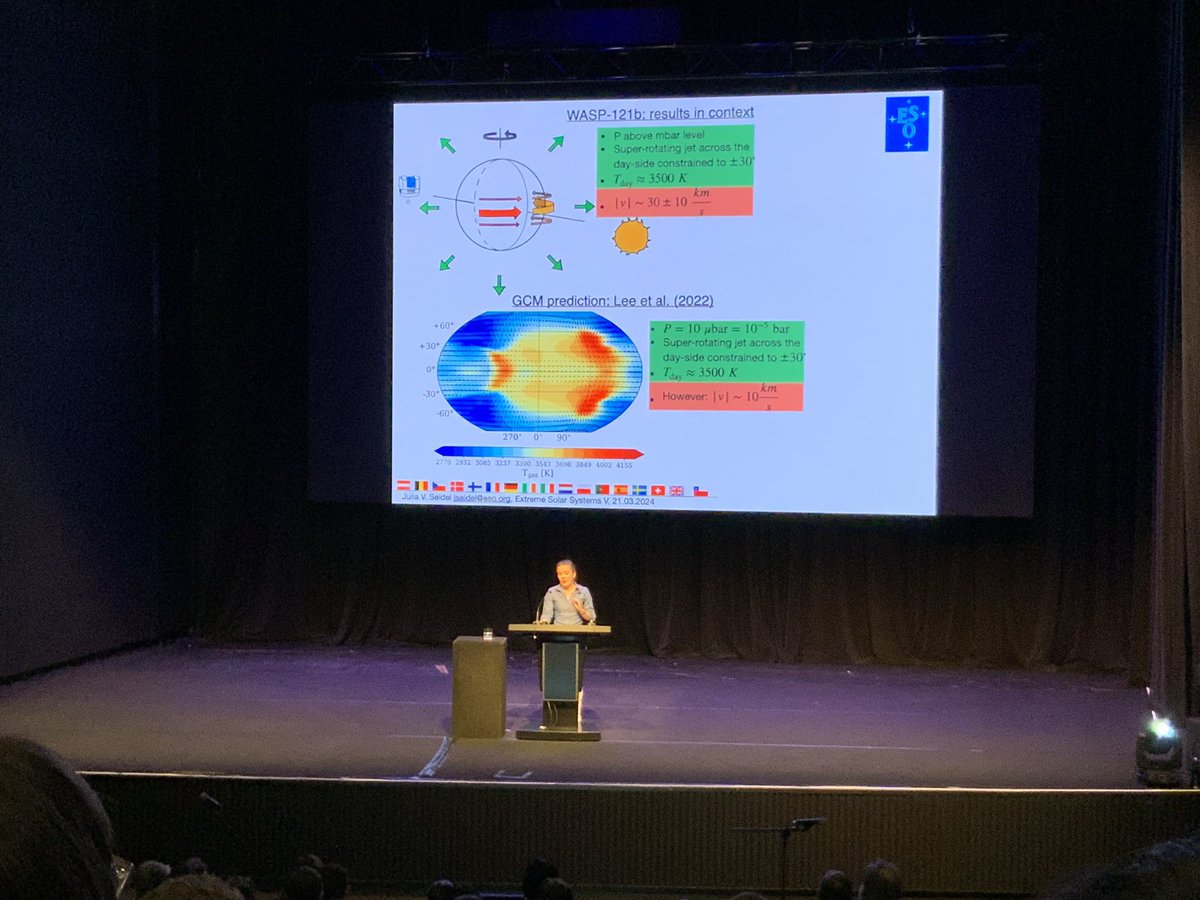 Amazing results from Julia Seidel showing detection of an equatorial jet of material by getting a crazy good spectrum of WASP-121b feeding all four of <a href="/ESO/">ESO</a>’s Very Large Telescope to the ESPRESSO spectrograph, in line w/predictions from global circulation models #ExSSV