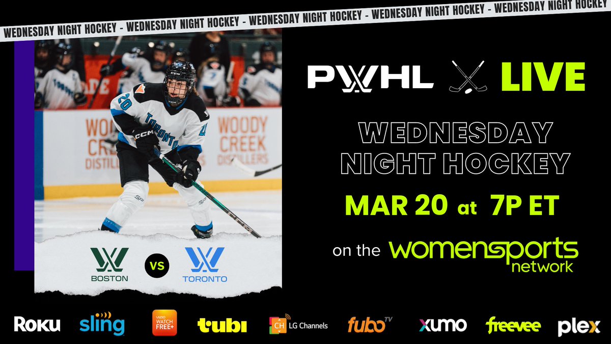 Tune in TONIGHT for Wednesday Night Hockey with @thepwhlofficial on the Women’s Sports Network! Game action starts at 7p ET between @pwhl_boston and @pwhl_toronto. You won’t want to miss this. It’s Ice Time. Earned. #HomeofWomensSports