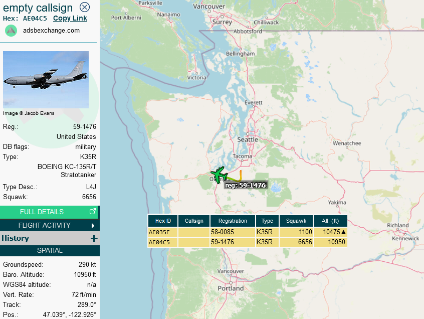 SirListenalot's tweet photo. #KC135's #AE04C5 &amp; #AE035F as #PICO11-12 out of McChord for AR with 2BW Barksdale #B52's via HQM - SEDAR - N4530W12800 - N4512W12927 - N4711W13144 - N4850W13400 - N50W140 - SPONJ - TOU - ARRIE https://t.co/DYok2cxzAL