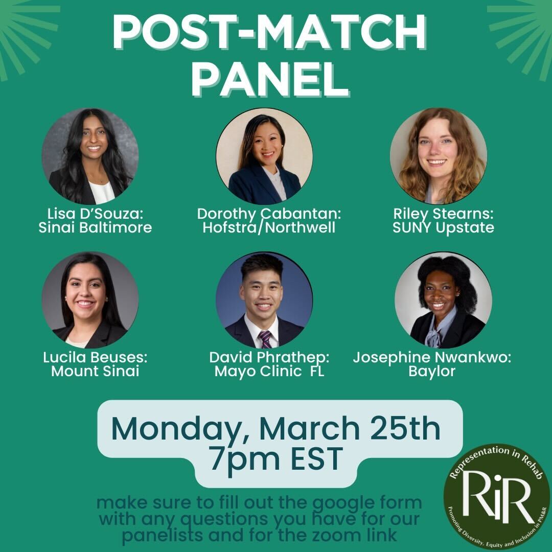 Presenting - a post-match panel by our RiR matched MS4s! Tune in Monday 3/25 at 7pm EST. Fill out this form w/ questions and contact info to receive the zoom link: docs.google.com/forms/d/e/1FAI… #Match2024 #physiatry #rehabmed