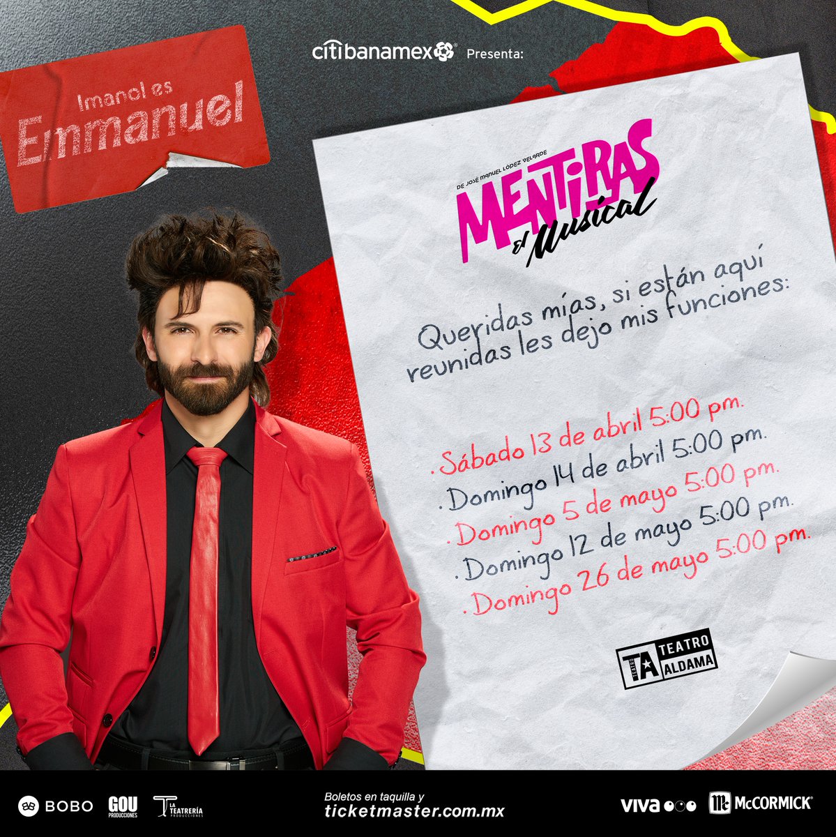 ¡Tenemos las fechas de #Imanol como Emmanuel! ❤️🎶

Sólo 5 oportunidades tendrás para disfrutar de este gran talento en el escenario más famoso del teatro musical en México. 🕶️

Boletos: linktr.ee/ImanolMentiras…