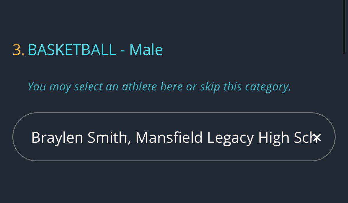Braylen Smith (@bsmith2834) on Twitter photo Blessed to be nominated for this award, please go VOTE!! 🗳️
<a href="/Legacyboyshoops/">Legacy Boys Hoops</a> <a href="/therideronline/">Legacy Student Media</a> <a href="/legacybroncofb/">LegacyBroncoFootball</a>
methodistmansfieldsportsawards.com/#37b0c5c5-3518… Blessed to be nominated for this award, please go VOTE!! 🗳️
<a href="/Legacyboyshoops/">Legacy Boys Hoops</a> <a href="/therideronline/">Legacy Student Media</a> <a href="/legacybroncofb/">LegacyBroncoFootball</a>
methodistmansfieldsportsawards.com/#37b0c5c5-3518…