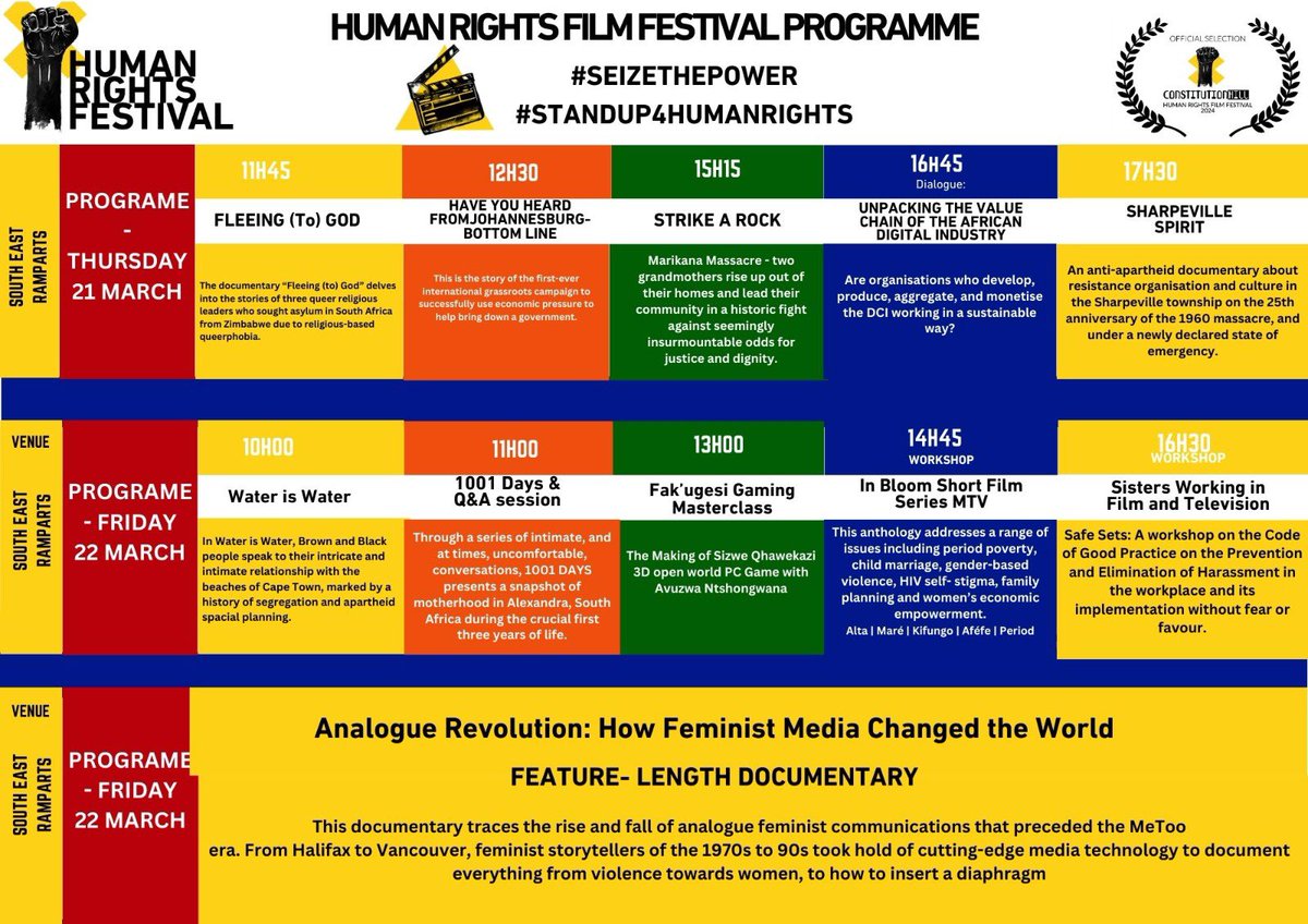 On the menu for 21 and 22 March. #HumanRightsFilmFestival #StoriesThaMatter #constitutionhill