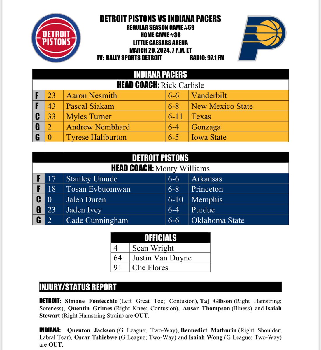 Starting lineups for tonight’s game between the @DetroitPistons and Indiana Pacers: