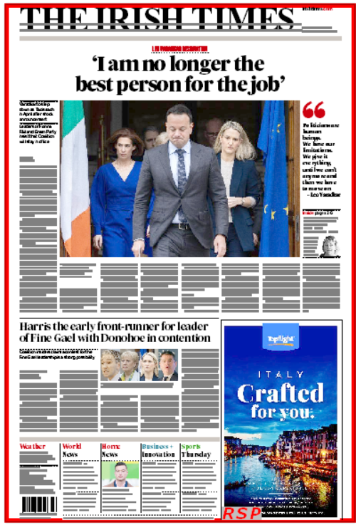 Quite the day in Irish politics. Thursday might just be a day to buy a newspaper... #LeoVaradkar stands down @IrishTimes front page