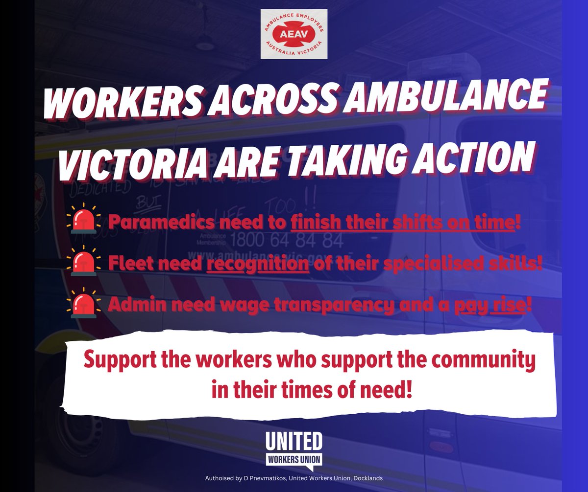 Workers at @AmbulanceVic are taking action, fed up with what's currently on the table from AV & Govt! These workers are the very people who support community in their times of need! Show your support for their fight for a fair deal! #ausunions @VictorianLabor @VicUnions