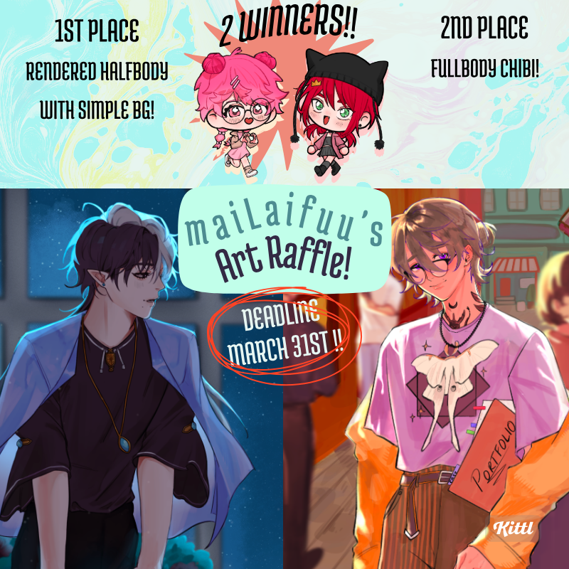 maiLaifuu's tweet photo. 🩷ART RAFFLE!!🩷

Rules to enter: 
✨Like + retweet! 
✨(Optional) leave a comment of your oc/reference!

🏆2 winners🏆

1st place: Rendered half body with a simple bg
2nd place: Full body chibi

Deadline: March 31st, 2024!!
#artraffle https://t.co/HdJkaLDl4R