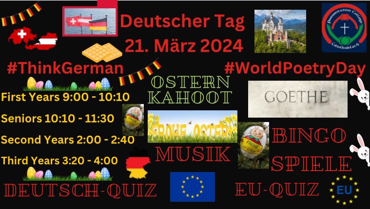 Tomorrow our @Pres_Carlow Transition Years host a #GermanDay. It is also #Welttagderpoesie and Goethe will be featuring in the quizzes. @GI_Irland Senior students will have an 🇪🇺 EU-Quiz through German. @EPIreland_Edu #AmbassadorSchools #EPASIreland @WexfordEdCentre @CeistTrust