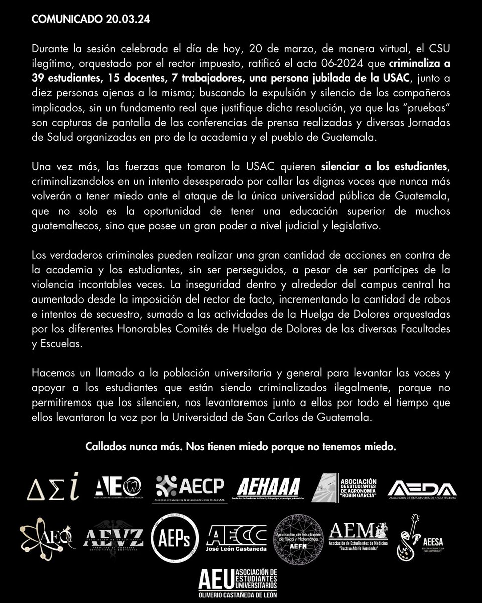 Las asociaciones estudiantiles organizadas de la USAC a la comunidad estudiantil y pueblo en general informan:

#NoALaExpulsion