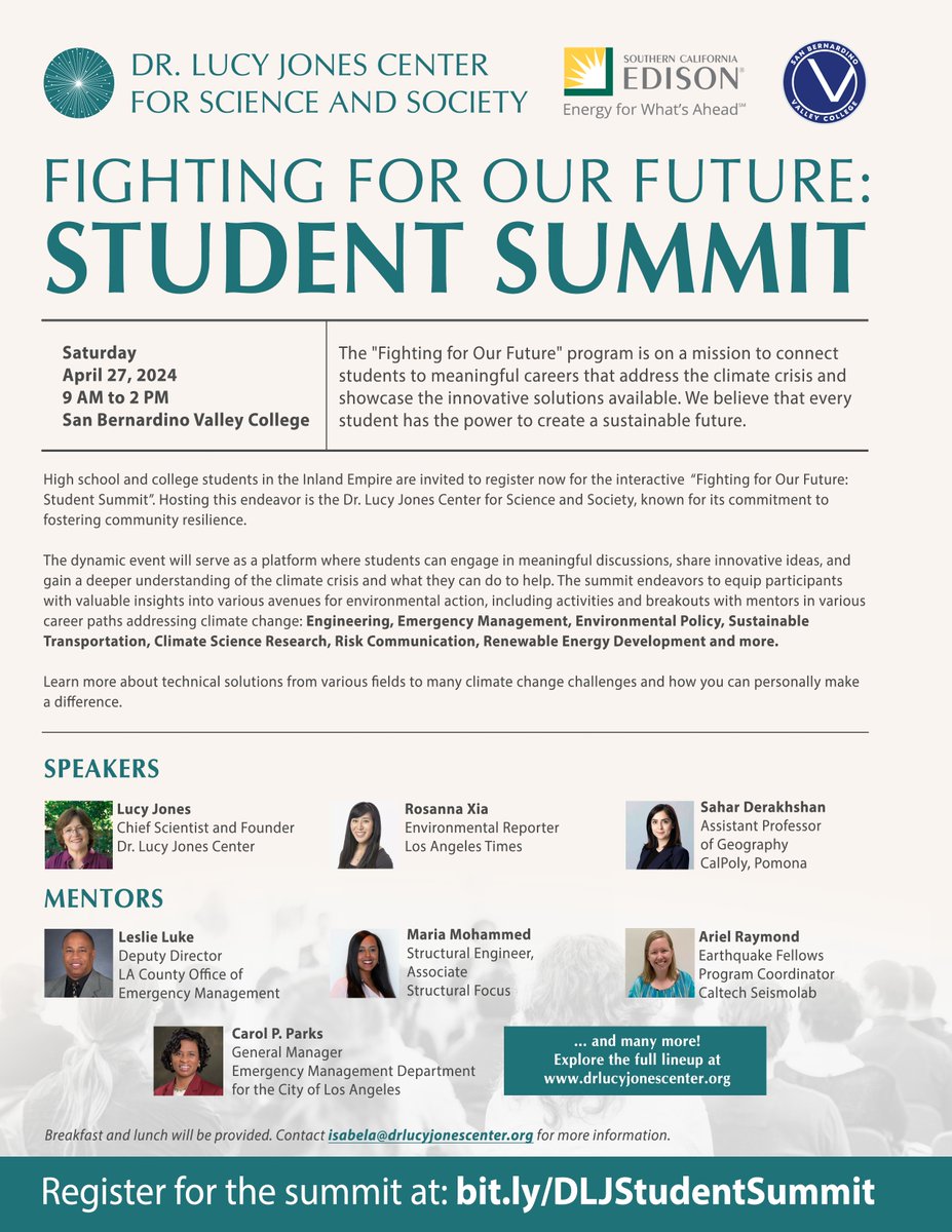 Join us for the #FightingforourFuture: Student Summit on April 27th, hosted by the @DLJCSS in collaboration with @SCE and @sbvalleycollege! Engage with experts, exchange ideas, and take action on #climatechange. Sign up now at bit.ly/DLJStudentSumm… 🌍