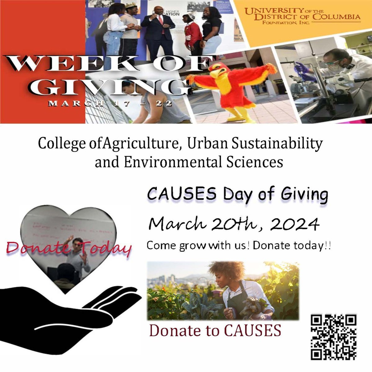 Support UDC during the 2024 Week of Giving! Today we focus on the College of Agriculture, Urban Sustainability and Enviromental Sciences (@udc_causes), which embodies the land-grant tradition of UDC.