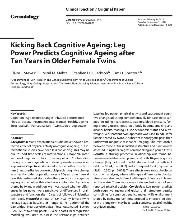 jacksonfyfe's tweet photo. Muscle power predicts brain ageing.

In 324 adult female twins (aged 55 on average), higher leg extensor power at baseline was associated with less cognitive decline and brain atrophy 10 years later.

These findings were despite controlling for common genetics and early life environment shared by twins.

https://t.co/JQjDnabZd5