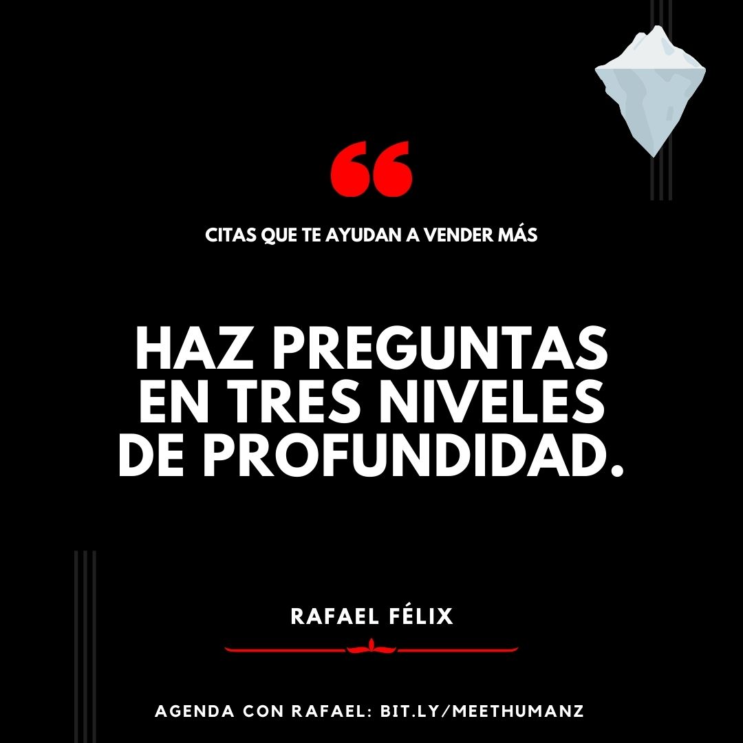 raffofelix's tweet photo. Un "menú" de preguntas no es usualmente la mejor estrategia. Necesitas respuestas para elaborar tu oferta irresistible, o al menos para destacarla con tu cliente.
Entonces, necesitas de preguntas con el poder de entregarte respuestas que sean insumos para ti. https://t.co/QsWf8XNPv9