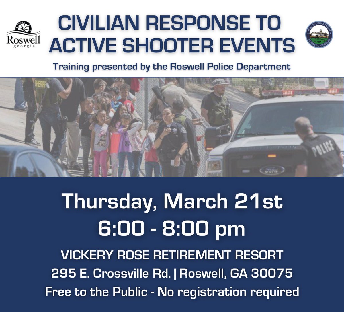 The Roswell Police Department is providing a free community training on Civilian Response to Active Shooter Events. The training will cover relevant research on active attack events, the human stress response, and the 'A.D.D.' model of 'Avoid - Deny - Defend.'