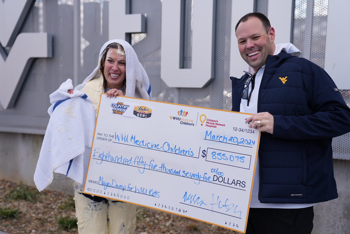 Still in awe!! Thank you @WVUKids and @DukesMayoBowl for letting us have a little fun. And a HUGE thank you to everyone who donated to the dump. Same time next year @wrenbaker? Let’s Mayo!! 🫙💛