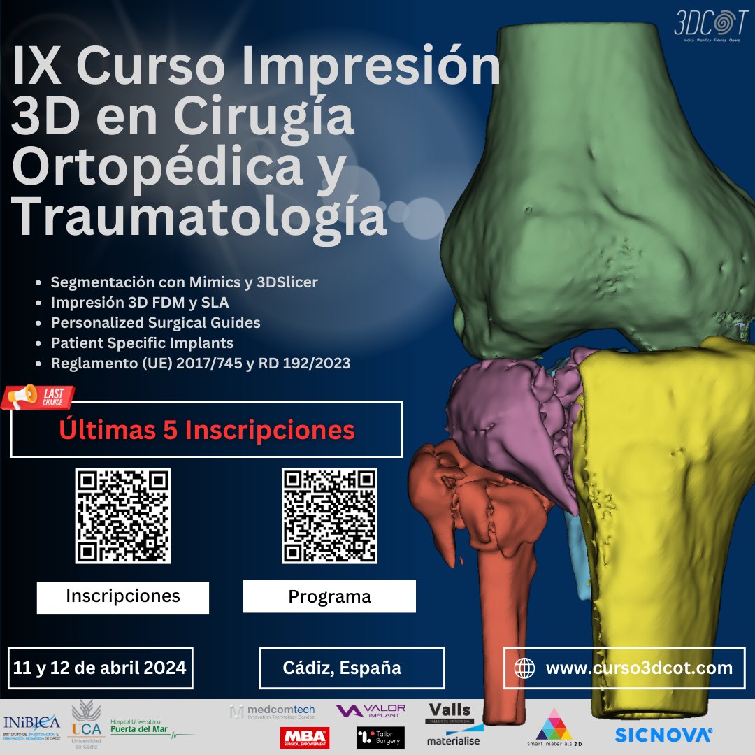 🔍💡 Si estás interesado en la aplicación de la tecnología 3D en el sector médico, en Traumatología o en especialidades afines... Os animo a venir a la próxima edición del curso que tendrá lugar en Cádiz los próximos 11 y 12 de abril.

Reserva plaza: curso3dcot.com